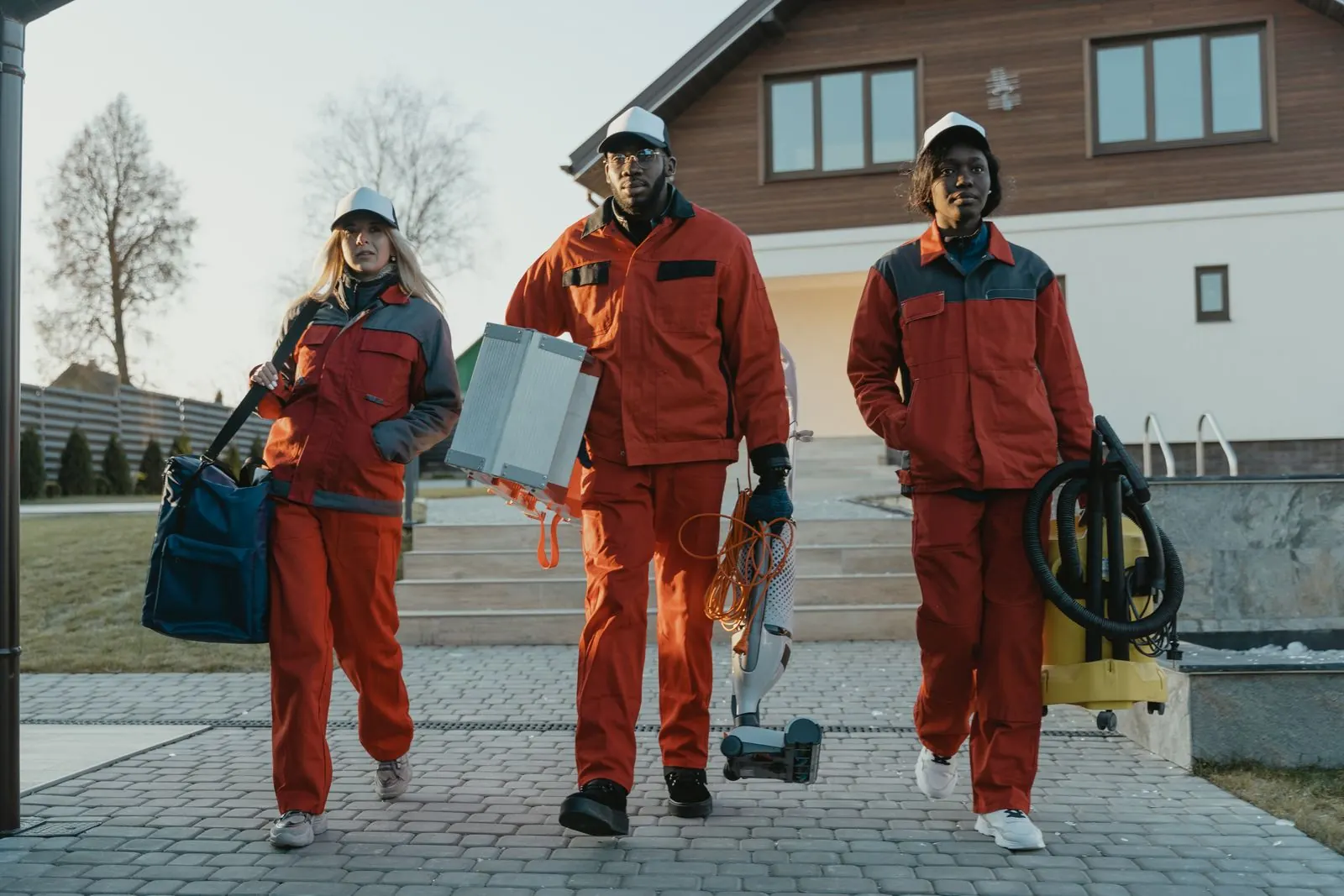 Drie schoonmakers in werkkleding lopen met hun materiaal naar een pand